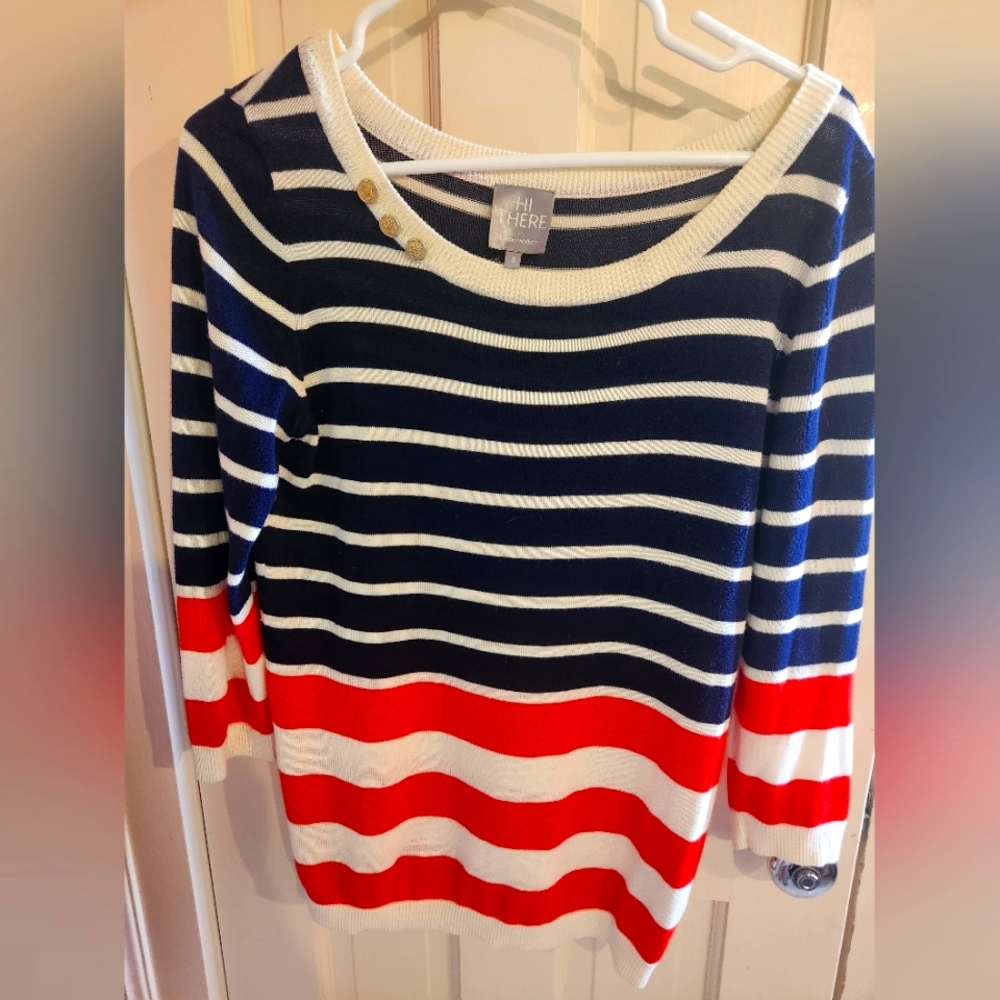Anthropologie Pretty Navy, Red and White Striped Sweater with Button Accents